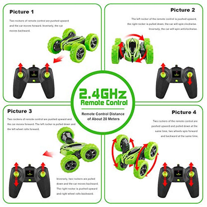 ORRENTE Remote Control Car, RC Cars Stunt Car Toy, 4WD 2.4Ghz Double Sided 360° Rotating RC Car with Headlights, Kids Xmas Toy Cars for Boys/Girls (Green)