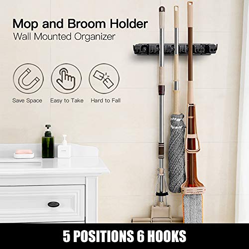 IMILLET 2 Pack Mop and Broom Holder, Wall Mounted Organizer Mop and Broom Storage Tool Rack with 5 Ball Slots and 6 Hooks (Black)