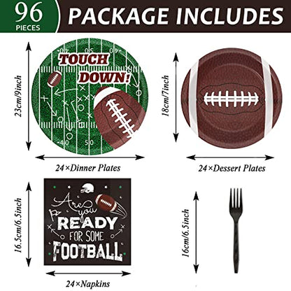 ZOIIWA 96 Pieces Football Tableware Set 24 Guests for Football Birthday Table Decorations Supplies Touchdown Football Game Day Party Dessert Plates Napkins Forks Birthday Party Favors