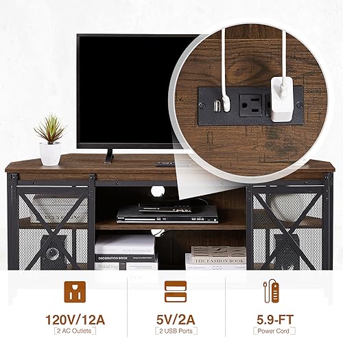 HOMISSUE Corner TV Stand for TVs Up to 60 Inch, TV Console Table with Storage Cabinets, Modern Corner TV Stand with Power Outlet, Industrial TV Stand with Sliding Door for Living Room, Bedroom, Brown