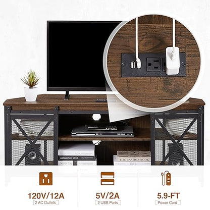 HOMISSUE Corner TV Stand for TVs Up to 60 Inch, TV Console Table with Storage Cabinets, Modern Corner TV Stand with Power Outlet, Industrial TV Stand with Sliding Door for Living Room, Bedroom, Brown