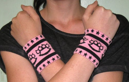 Knit Black Brass Knuckles & Stars on Light Pink Wristbands from Sourpuss Clothing (Set of 2)