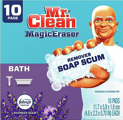 Mr. Clean Magic Eraser, Bathroom, Shower, and Shoe Cleaner with Febreze Lavender Scent, Cleaning Pads with Durafoam, 10 Count