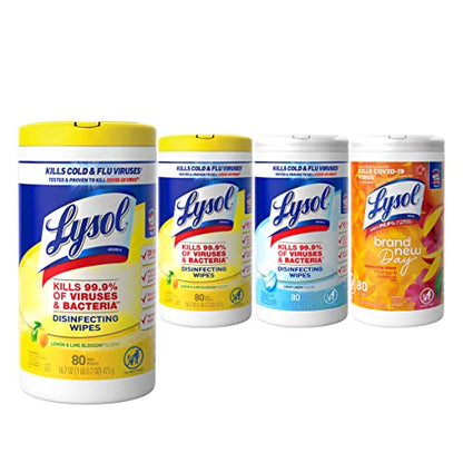 Lysol Disinfectant Wipes Bundle, Multi-Surface Antibacterial Cleaning Wipes, For Disinfecting & Cleaning, contains x2 Lemon & Lim Blossom (80ct) x1 Crisp Linen (80 Ct) & x1 Mango & Hibiscus (80 Ct)