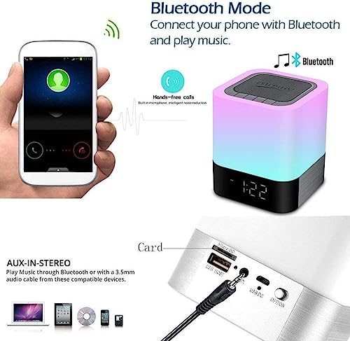 Aisuo Night Light-5 in 1 Bedside Lamp with Bluetooth Speaker, 12/24H Digital Calendar Alarm Clock, Touch Control, Support TF and SD Card, Music Player, Gift for Girls Boys Teens,Warm White