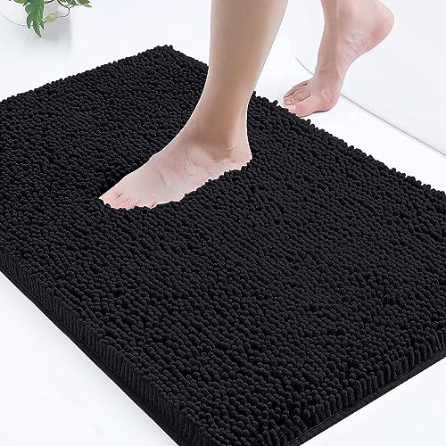 smiry Luxury Chenille Bath Rug, Extra Soft and Absorbent Shaggy Bathroom Mat Rugs, Machine Washable, Non-Slip Plush Carpet Runner for Tub, Shower, and Bath Room(24''x16'', Black)