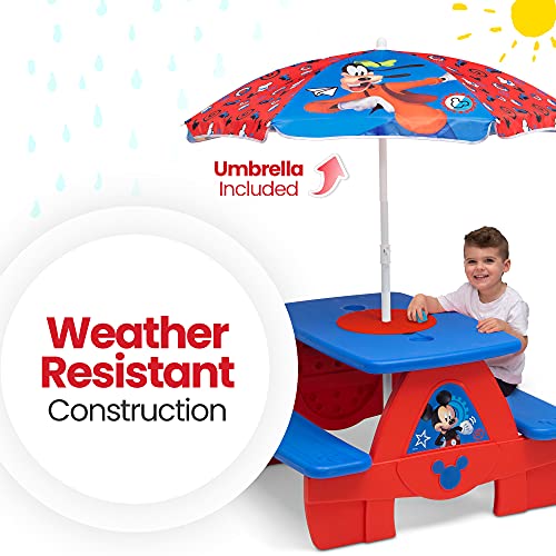 Disney Mickey Mouse 4 Seat Activity Picnic Table with Umbrella and Lego Compatible Tabletop by Delta Children, 32.5 in x 34.25 in x 53.5 in