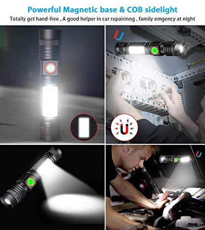 Flashlight USB Rechargeable, Magnetic LED Flashlight, Super Bright LED Tactical Flashlight with Cob Sidelight, 2000LM, Waterproof, Zoomable Best Small LED Flashlight for Camping, Emergency Flashlight