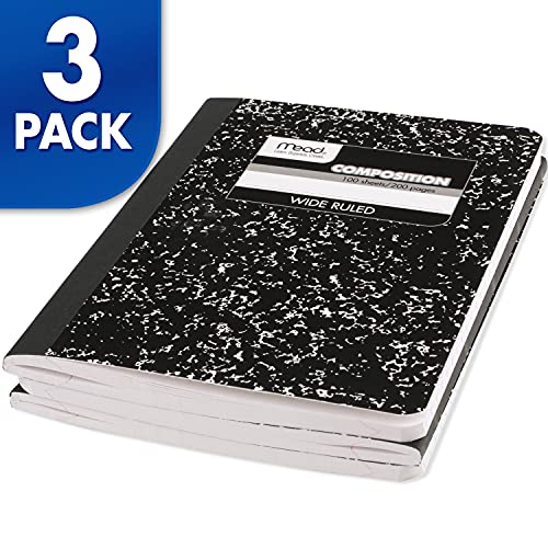 Mead Composition Notebooks, 3 Pack, College Ruled Paper, 9-3/4" x 7-1/2", 100 Sheets per Comp Book, Black Marble (38111)