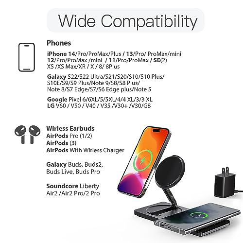 Mag-Safe Charger Stand for iPhone， Wireless Charger Stand for Apple Products， 2 in 1 Magnetic Charging Station for iPhone 14,13,12 Pro/Max/Mini/Plus, Airpods 3/2/Pro with Adapter (Black)
