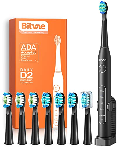 Bitvae Ultrasonic Electric Toothbrushes - Electric Toothbrush for Adults and Kids, American Dental Association Accepted, Rechargeable Travel Sonic Toothbrush with 8 Heads, Black D2