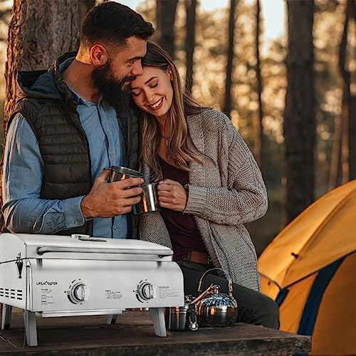 Portable Grill – Table Top Stainless Steel Propane Gas BBQ for Camping and Outdoor – 2 Burners –20,000 BTU Power - Folding Legs – Wind Proof Lid – Easy Clean – Silver - By Lifemaster