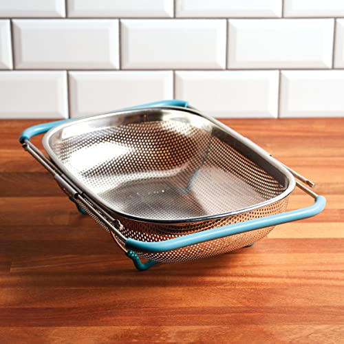 Rachael Ray Tools and Gadgets Over-The-Sink Colander/Strainer, 4.5 Quart, Stainless Steel with Agave Blue Handles