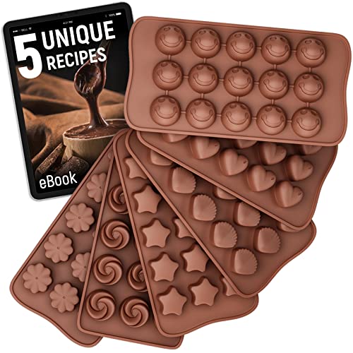 Chocolate Molds Silicone Set - 6 pk + Free Recipes Ebook - Food Grade Candy Molds Silicone - Easy to Use Non-Stick Silicone Molds for Candy