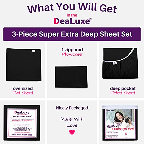 Twin XL Sheets Deep Pockets – 21” Twin XL Deep Pocket Sheets – [3 Piece Set] Oversize Flat Sheet, Fitted Sheet and 1 Zipperede Pillowcase – 18”–23” Pillow Top Mattress Extra Long Twin Sheets – Black