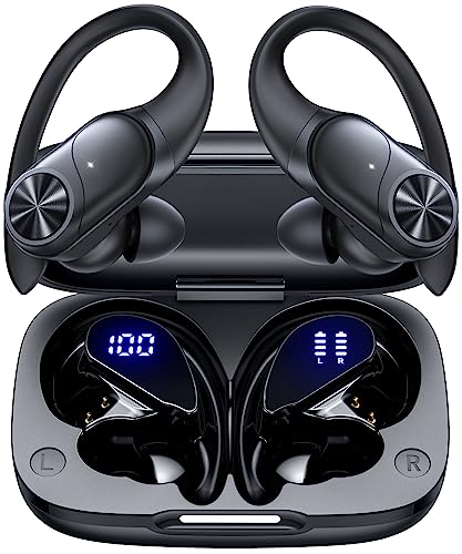 Bluetooth Headphones Wireless Earbuds 80hrs Playtime Charging Case Digital Display Sports Ear buds with Earhook Premium Deep Bass IPX7 Waterproof Over-Ear Earphones for TV Phone Laptop Black