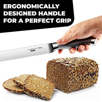 Orblue Serrated Bread Knife with Upgraded Stainless Steel Razor Sharp Wavy Edge Width - Bread Cutter Ideal for Slicing Homemade Bread, Bagels, Cake (8-Inch Blade with 5-Inch Handle)