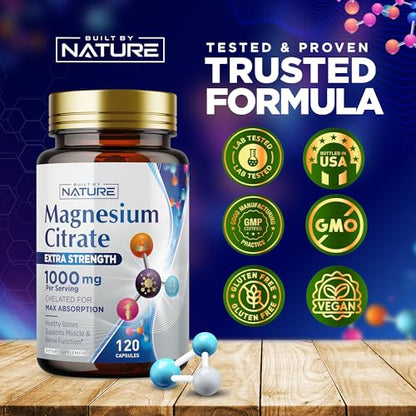 Magnesium Citrate 1000mg - Max Absorption & High Potency Magnesium Complex Supplement for Heart, Muscle, Nerve, Bone Health & Stress Relief - Non-GMO, Gluten-Free - 120 Vegan Capsules