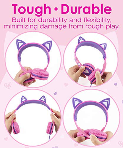 FosPower Kids Headphones with LED Cat Ears, 3.5mm On-Ear Wired Headset with Laced Cables for iPad/Smartphones/PC/Kindle/Tablet/Laptop/School (Max Volume 85dB) - Hot Pink/Purple
