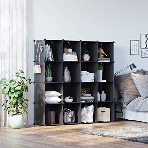 C&AHOME Cube Storage Organizer, 16-Cube Shelves Units, Closet Cabinet, DIY Plastic Modular Bookshelf, Bookcase, Storage Cubes Ideal for Bedroom, Living Room, 48.4" L × 12.4" W × 48.4" H Black SUM3016H