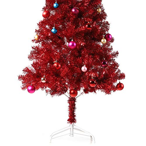 Wellwood 6 ft Tinsel Christmas Tree with 24ct Assorted Ornament Set, Metal Stand, Easy Assembly - Red