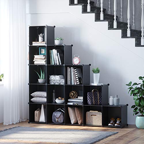 C&AHOME Cube Storage Organizer, 16-Cube Shelves Units, Closet Cabinet, DIY Plastic Modular Bookshelf, Bookcase, Storage Cubes Ideal for Bedroom, Living Room, 48.4" L × 12.4" W × 48.4" H Black SUM3016H