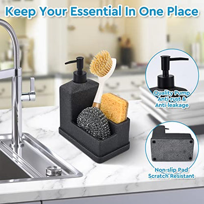 Soap Dispenser with Sponge Holder,Liquid Hand and Dish Soap Dispenser and Spong Caddy with Brush Holder 3 in 1 Countertop Organizer for Kitchen Sink and Bathroom,Black