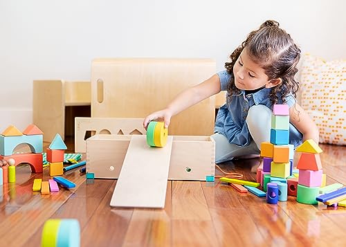 LOVEVERY | The Block Set | Solid Wood Building Blocks and Shapes + Wooden Storage Box, 70 Pieces, 18 Colors, 20+ Activities, Toddler Block Set and Converts into a Pull Car, Ages 18 to 48+ Months