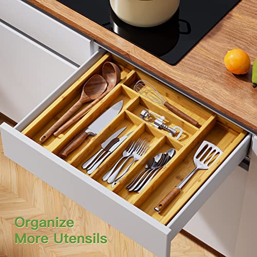 Pipishell Bamboo Expandable Drawer Organizer for Utensils Holder, Adjustable Cutlery Tray, Wood Drawer Dividers Organizer for Silverware, Flatware, Knives in Kitchen, Bedroom, Living Room