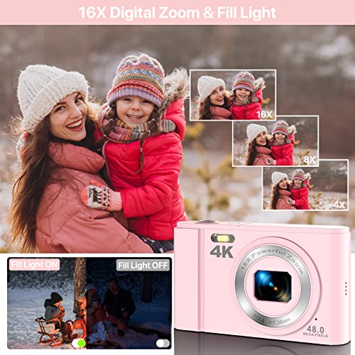 Digital Camera, 4K 48MP Vlogging Camera Compact Pocket Camera with 16X Zoom 32GB SD Card, Point and Shoot Camera for Adult Seniors Students Kids Beginner(Pink)