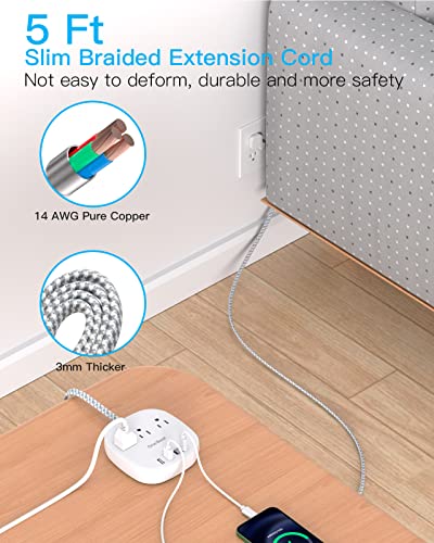 Flat Plug Power Strip, 5ft Ultra Flat Extension Cord - 3 Outlets 4 USB Ports (2 USB C) 22.5W/4.5A Desktop Charging Station, Power Strip No Surge Protection for Cruise Ship, Dorm Room Travel Essential