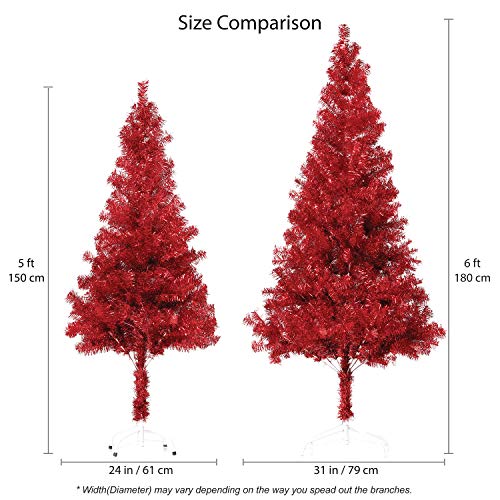 Wellwood 6 ft Tinsel Christmas Tree with 24ct Assorted Ornament Set, Metal Stand, Easy Assembly - Red