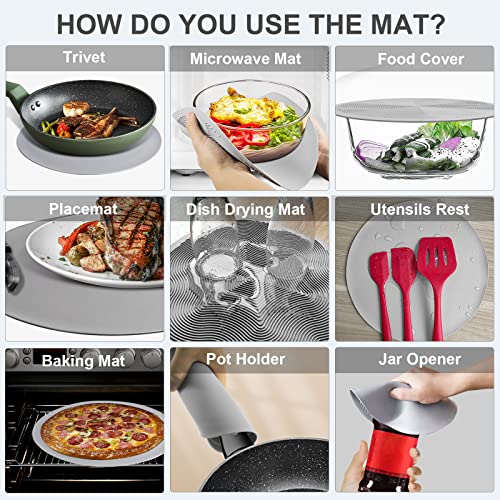 LekDrok Microwave Food Cover with Mat 10 Inch, Mat as Bowl Holder, Cover for Splatter Guard, Collapsible Lid for Plate Dish, Multi-Purpose Silicone Mat & Kitchen Colander Gadget for Meal Prep,Charcoal