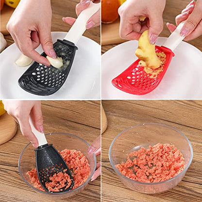 4 PCS Multifunctional Cooking Spoon, All Purpose Kitchen Tool Skimmer Scoop Colander Strainer Grater Masher, Food-Grade High Temperature Resistant Cooking Gadgets (2Red+2Black)