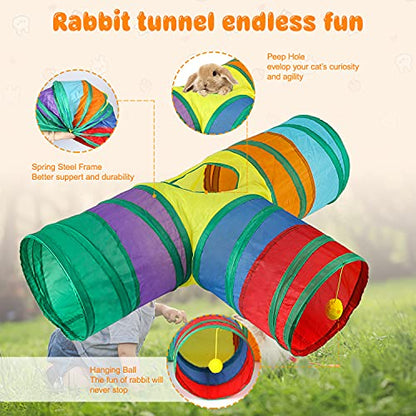 BWOGUE Bunny Tunnels & Tubes Collapsible 3 Way Bunny Hideout Small Animal Activity Tunnel Toys for Dwarf Rabbits Bunny Guinea Pigs Kitty