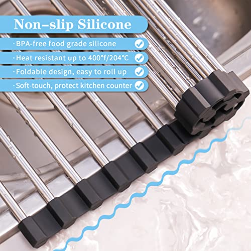 Roll Up Dish Drying Rack Over the Sink Drying Rack for Kitchen Counter, Seropy Rolling Dish Rack over Sink Mat, Foldable Dish Drainer Stainless Steel Sink Rack Kitchen Organization Gadgets 17.5"x11.8"