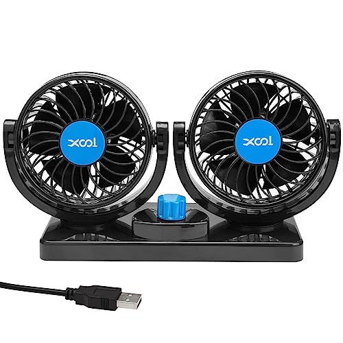 XOOL Car Fan, USB Portable Cooling Air Fan for Car, 360 Degree Rotatable Dual Head Desk Fans with 2 Speed Strong Wind for Dashboard SUV, RV, Vehicles, Boat, Home & Office - USB Powered