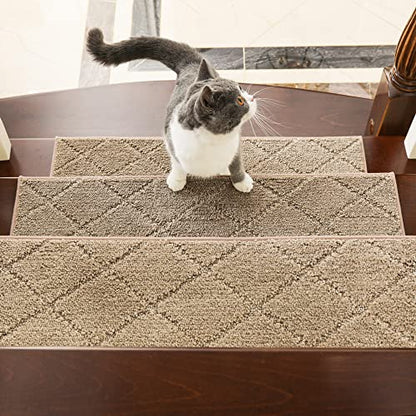 COSY HOMEER Edging Stair Treads Non-Slip Carpet Mat 28inX9in Indoor Stair Runners for Wooden Steps, Edging Stair Rugs for Kids and Dogs, 100% Polyester TPE Backing (10pc, Beige)