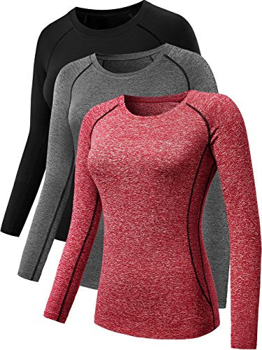 NELEUS Women's 3 Pack Workout Clothes Compression Running Shirt,8021,Black,Grey,Red,L,Tag XL