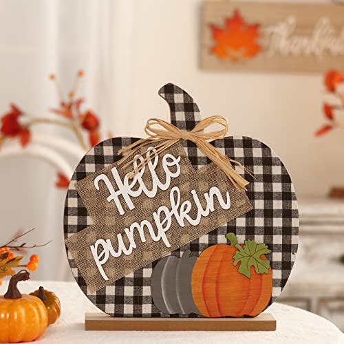 Super Holiday Fall Hello Pumpkin Sign Decorations, 12"/30CM Wooden Autumn Buffalo Plaid Tabletop Decor, for Home Farmhouse Living Room Harvest Day Thanksgiving Decor.