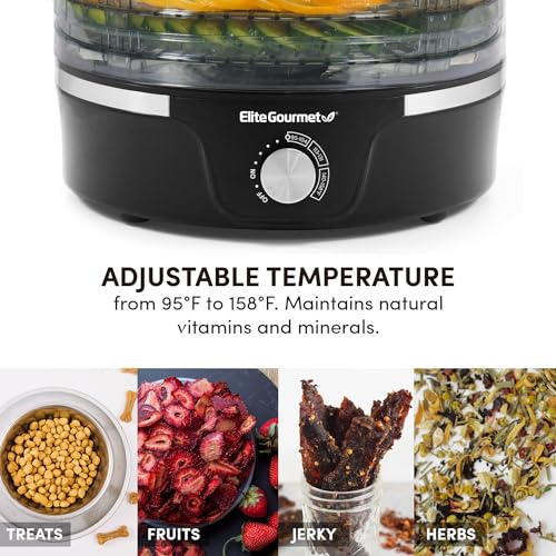 Elite Gourmet EFD319 Food Dehydrator, 5 BPA-Free 11.4" Trays Adjustable Temperature Controls, Jerky, Herbs, Fruit, Veggies, Dried Snacks, Black