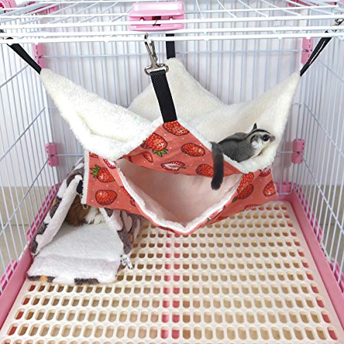 LEFTSTARER Pet Small Animal Hanging Hammock Ferret Bunkbed Cage Toy for Hamster Rat Sugar Glider Parrot Guinea Pig Hideout Play Sleep (Strawberry)