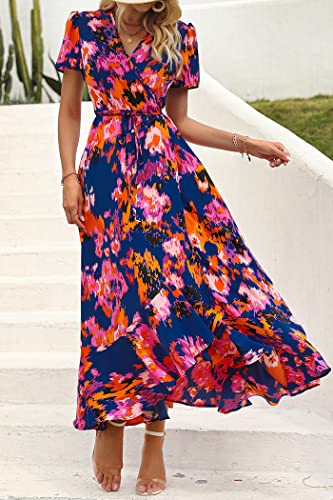 PRETTYGARDEN Women's Summer Wrap Maxi Dress Casual Boho Floral V Neck Short Sleeve Ruffle Hem Split Beach Long Dresses (Blue Orange Floral,XX-Large)