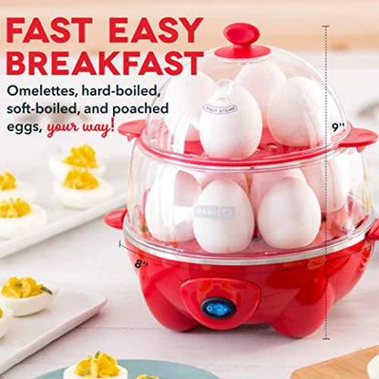 DASH Deluxe Rapid Egg Cooker for Hard Boiled, Poached, Scrambled Eggs, Omelets, Steamed Vegetables, Dumplings & More, 12 capacity, with Auto Shut Off Feature - Red