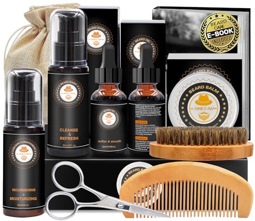 XIKEZAN Upgraded Beard Grooming Kit w/Beard Conditioner,2 Pack Beard Oil,Beard Balm,Beard Brush,Beard Shampoo/Wash,Beard Comb,Beard Scissors,Storage Bag,Beard E-Book,Beard Care Gifts for Men