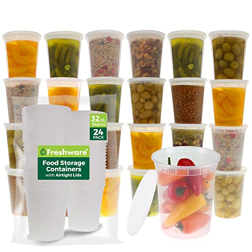 Freshware Food Storage Containers [24 Set] 32 oz Plastic Deli Containers with Lids, Slime, Soup, Meal Prep Containers | BPA Free | Stackable | Leakproof | Microwave/Dishwasher/Freezer Safe