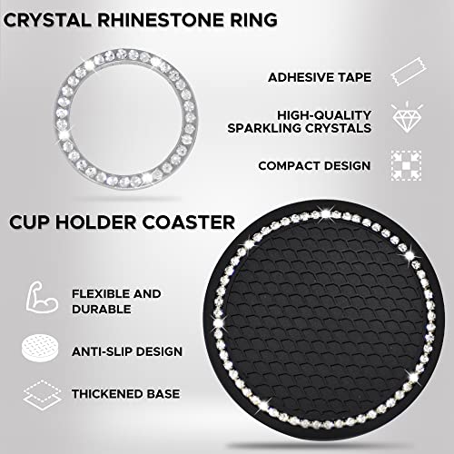 EcoNour Car Cup Coasters (2 Pack) | Car Push Start Button Bling (1 Pack) | Car Cup Holder Coaster | Crystal Rhinestone Car Interior Accessories | 2.75 Inch Universal Anti-Slip Coasters Car for Women