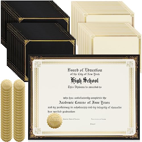 Kosiz 300 Pcs Certificate Kit Includes 100 Single Sided Certificate Holders 100 Gold Foil Certificate Paper 8.5'' x 11'' 100 Gold Foil Award Seals Sticker for Diploma, Award, Accomplishment