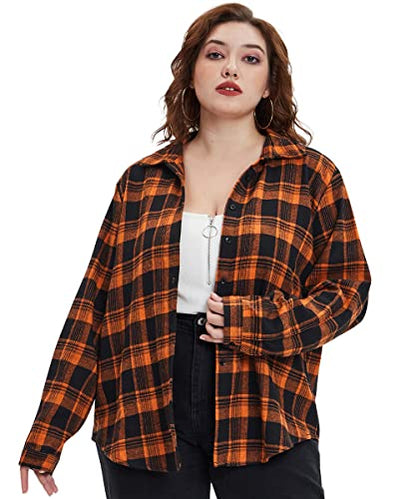 RITERA Plus Size Tops for Women Button Down Shirts Plaid Shacket Long Sleeve Collared Business Casual Fall Flannel Blouse Black Orange 2XL 18W 20W