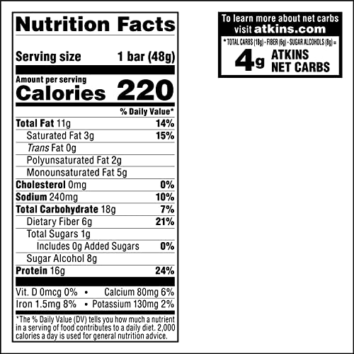 Atkins Peanut Butter Granola Protein Meal Bar, High Fiber, 16g Protein, 1g Sugar, 4g Net Carb, Meal Replacement, Keto Friendly, 12 Count